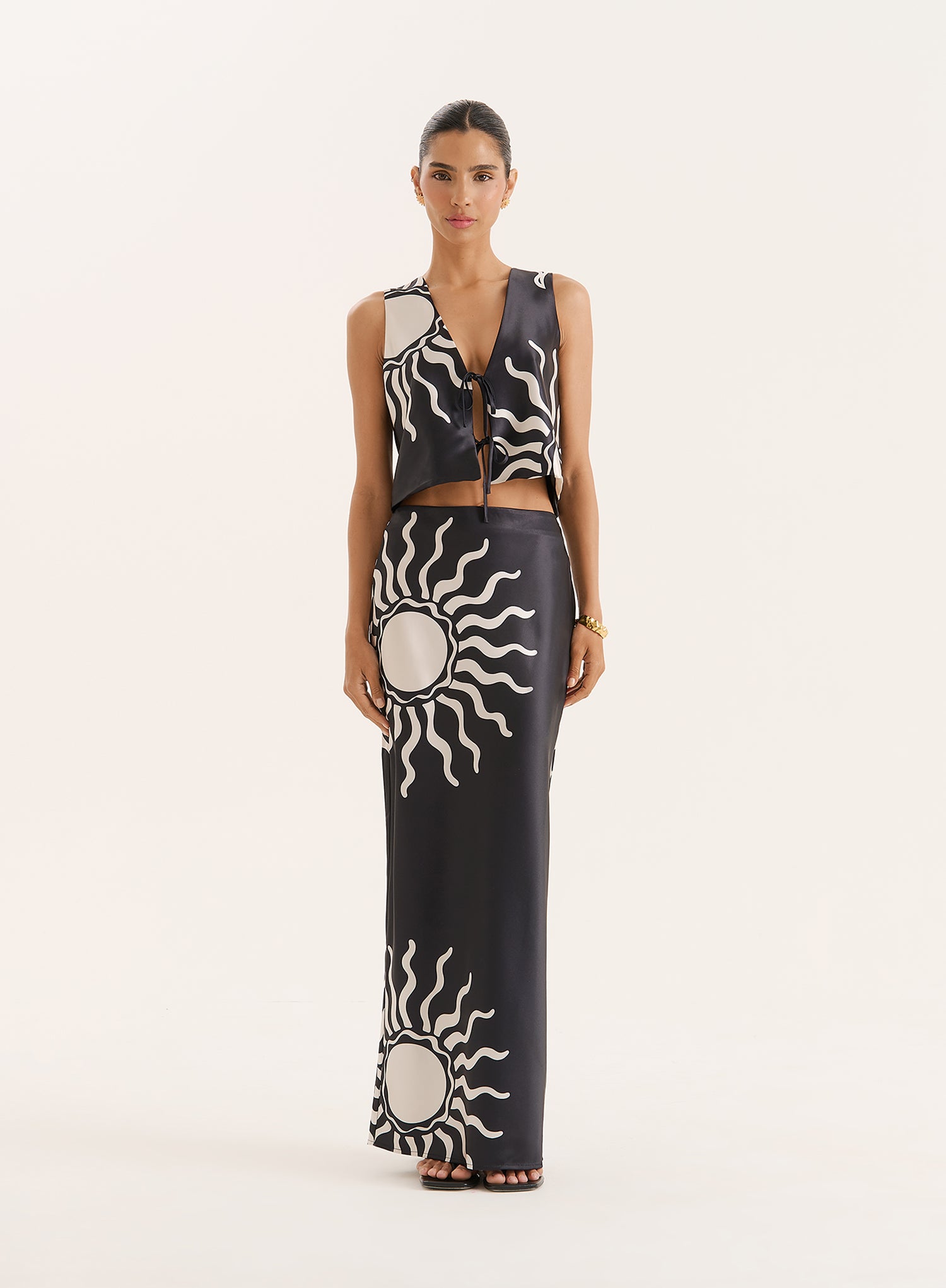 Black Sun Print Satin Tie Top